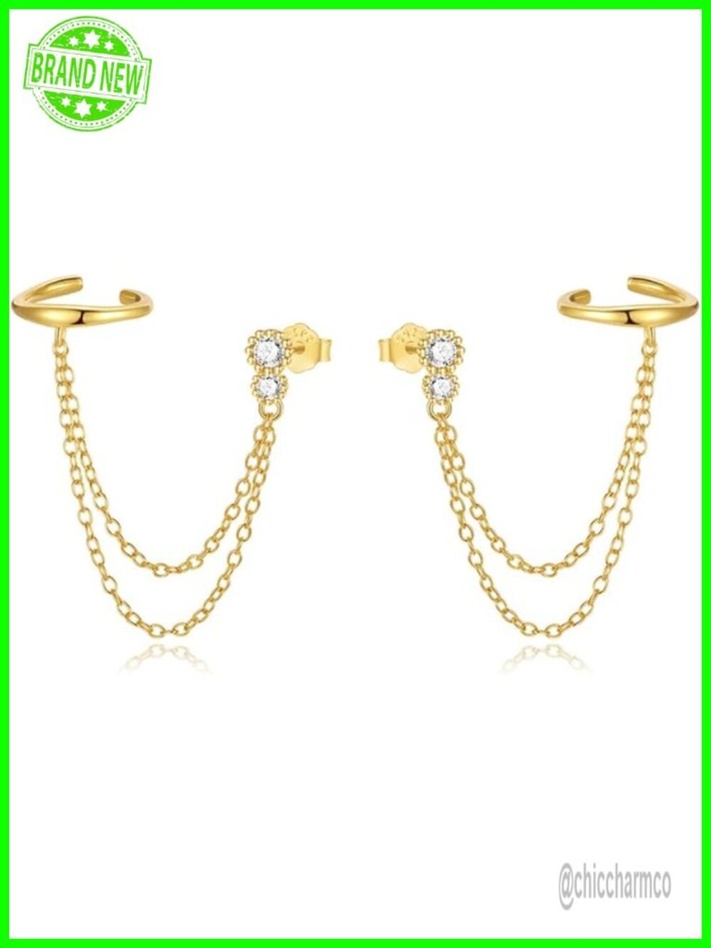 Double Layer Chain Ear Cuff Halo Round Cut CZ S925 Sterling Silver Stud Earrings